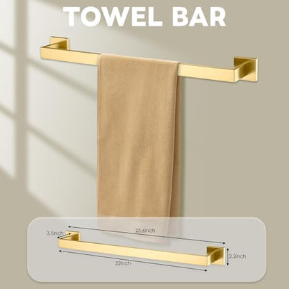 5-Piece Brushed Gold Bathroom Hardware Set - Hand Towel Bar, Toilet Paper Holder, Towel Ring & Rack