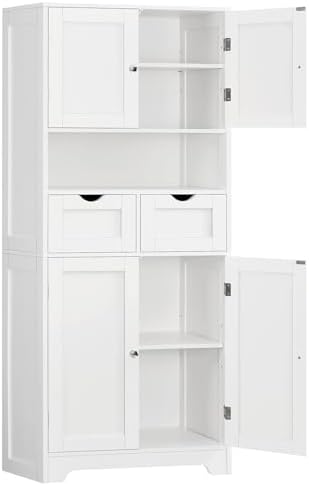 TEENFON Tall Bathroom Storage Cabinet with 4 Doors & 2 Adjustable Shelves