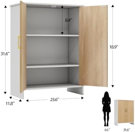 Bathroom Storage Cabinet, Floor Cabinet with 2 Fluted Doors and 2 Adjustable Shelves Wooden Freestanding Organizers and Storage, White