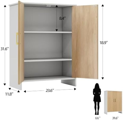 Bathroom Storage Cabinet, Floor Cabinet with 2 Fluted Doors and 2 Adjustable Shelves Wooden Freestanding Organizers and Storage, White