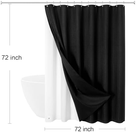 Gibelle 3 in 1 Black Shower Curtain with PEVA Liner, 12 Hooks, 72x72