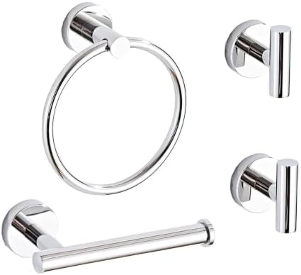 4-Piece Polished Chrome Bathroom Hardware Set - Toilet Paper Holder and Hand Towel Holder, Towel Ring Wall Mounted, Stainless Steel Accessories Set - Silver