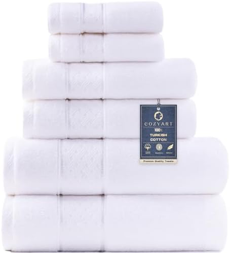 COZYART Bath Towel Set 6 PCS, Luxury White 100% Turkish Cotton 650GSM