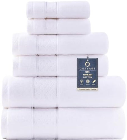 COZYART Bath Towel Set 6 PCS, Luxury White 100% Turkish Cotton 650GSM
