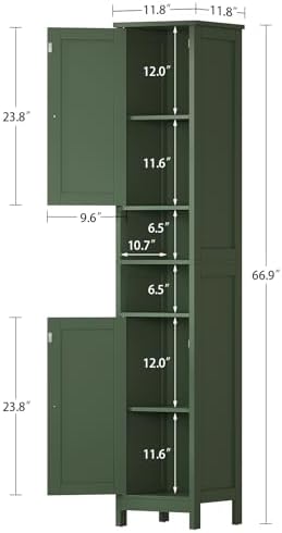 TEENFON 67" Tall Bathroom Cabinet with Adjustable Shelves and Doors, Narrow Bathroom Storage Cabinet for Small Space, Living Room, Entryway, Kitchen, Green