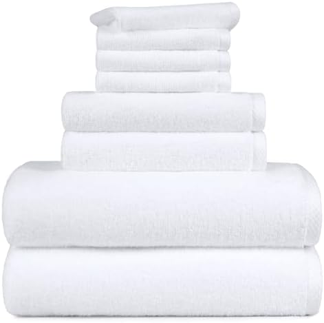 Amazon Basics 100% Cotton Soft Quick-Dry 8-Piece Towel Set, Bath Towels, Hand Towels, Washcloths, White, Compact & Lightweight (Pack of 6)