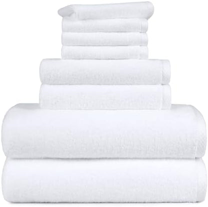 Amazon Basics 100% Cotton Soft Quick-Dry 8-Piece Towel Set, Bath Towels, Hand Towels, Washcloths, White, Compact & Lightweight
