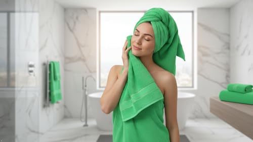 6 Piece 100% Cotton Bath Towel Set - 2 Bath - 2 Hand - 2 Face, Green