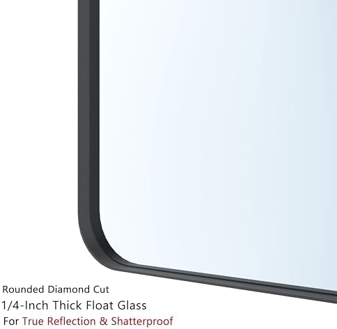 VocalStar Black Bathroom Mirror for Wall, 36 x 36 Inch Rounded Rectangle Metal Framed Bathroom Wall Vanity Mirror Farmhouse, 1/4-inch Shatterproof Glass | Ultra-Flush Hanging