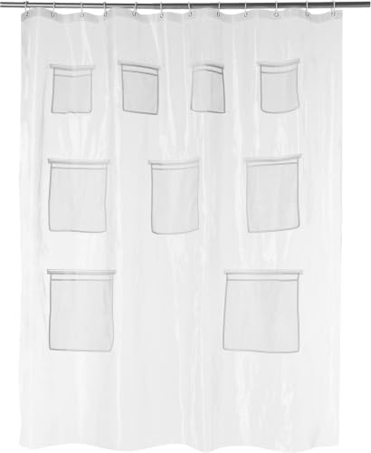 Amazon Basics 8-Gauge PEVA Shower Curtain or Liner with Mesh Storage Pockets - 72" x 72", Clear (Pack of 10)