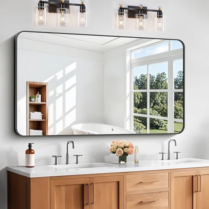 Bathroom Mirror, 30"x55" Black Rectangle Wall Mirror, Metal Frame Rounded Corner Vanity Mirror, Large Wall Mounted Mirror for Modern Bedroom Living Room Horizontal Or Vertical Mounting