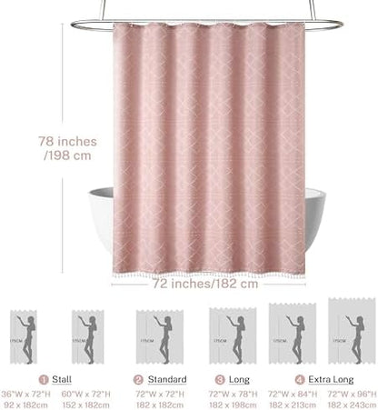 Extra Long Pink Textured Boho Shower Curtain with Tassels 72 x 78 Tufted Chevron Striped Chenille Woven Fabric Cloth Shower Curtain Modern Farmhouse Minimalist, Shabby Chic Home Decor for Bathroom