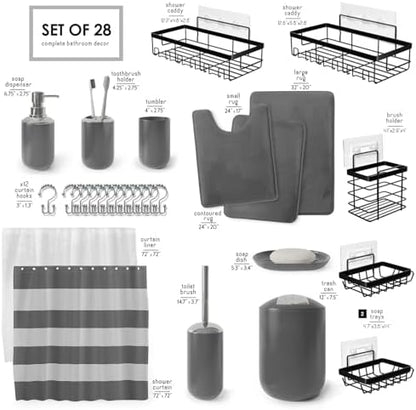Clara Clark Bathroom Accessories Set - 28PC Bathroom Set with Adhesive Corner Shower Caddy Hanging, Bathroom Sets with Shower Curtain and Rugs, Grey Shower Curtain Set with Bathroom Trash Can