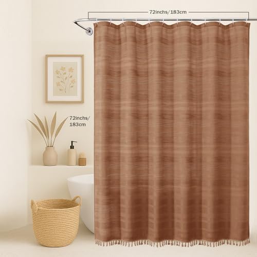 OVZME Terracotta Shower Curtain for Bathroom - Farmhouse Linen Textured Shower Curtain with Tassel, Rustic Striped Heavy Duty Vintage Country Bathroom Curtain, 72Wx72L Inches