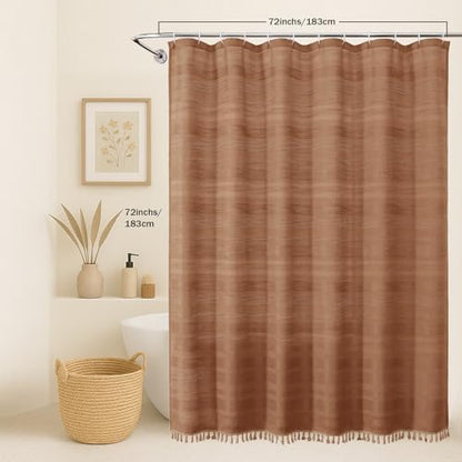 OVZME Terracotta Shower Curtain for Bathroom - Farmhouse Linen Textured Shower Curtain with Tassel, Rustic Striped Heavy Duty Vintage Country Bathroom Curtain, 72Wx72L Inches