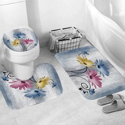 Onalasyc 4PCS Hot Pink Daisy Bathroom Sets with Shower Curtain and Rugs
