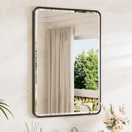 TETOTE Black Bathroom Mirror for Over Sink 24 x 36 Beveled Edge Tempered Glass, Rounded Corner Rectangle Framed Mirror for Modern Bathroom, Living Room, Bedroom, Entryway