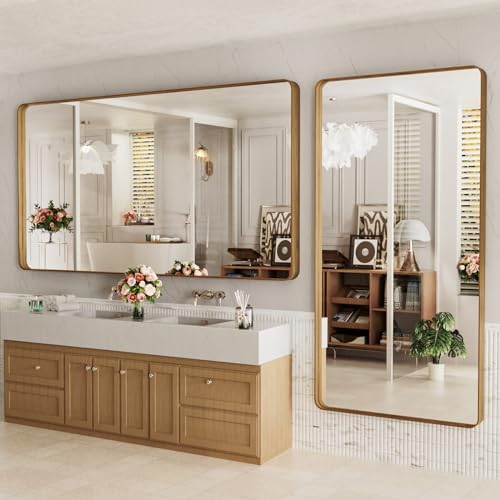 LOAAO 72X36 Inch Bathroom Mirror with Wood Grain Colored Metal Frame