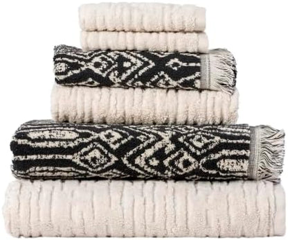 SKL Home CloudSoft/Nador Bath Towel Set-6pc, 100% Cotton, Oatmeal/Black