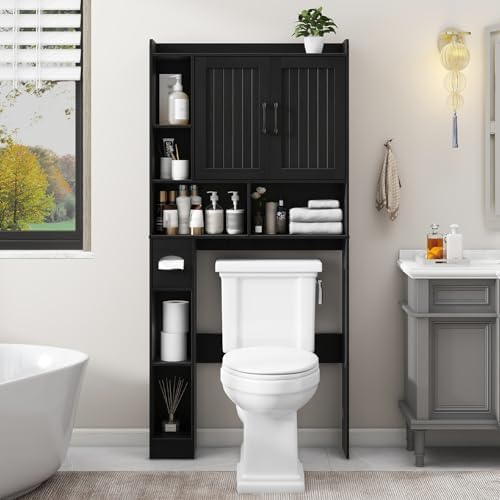 Vabches Farmhouse Over The Toilet Storage Cabinet with Barn Door, Black
