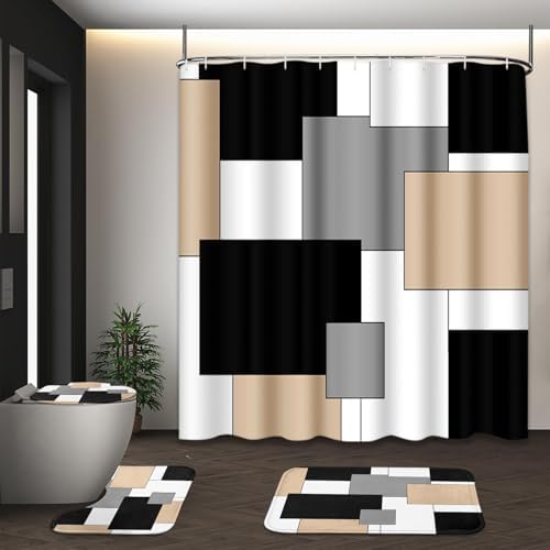 Bathroom Sets with Shower Curtain and Rugs, 4 Pcs, Geometric Beige