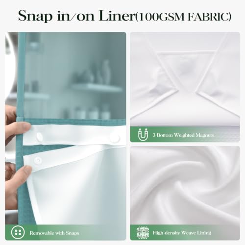 Dynamene Teal Hook Free Waffle Shower Curtain & Snap-in Fabric Liner,72x81