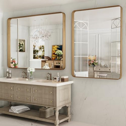 LOAAO 48X36 Inch Bathroom Mirror with Wood Grain Colored Metal Frame