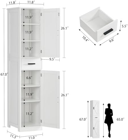 TEENFON 67 Tall Bathroom Cabinet with 6 Shelves & 1 Drawer, Narrow Storage Cabinet with Adjustable Shelves, Silm Cabinet for Living Room, Kitchen, White