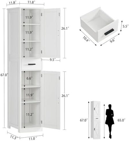 TEENFON 67 Tall Bathroom Cabinet with 6 Shelves & 1 Drawer, Narrow Storage Cabinet with Adjustable Shelves, Silm Cabinet for Living Room, Kitchen, White