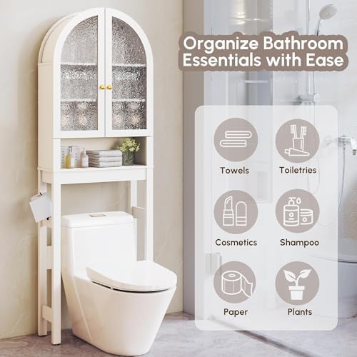 HMstone Over The Toilet Storage Cabinet, Arched Bathroom Organizer and Storage with Acrylic Doors and Adjustable Shelf, Space-Saving Freestanding Bathroom Modern Storage Cabinet Over Toilet, White