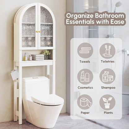 HMstone Over The Toilet Storage Cabinet, Arched Bathroom Organizer and Storage with Acrylic Doors and Adjustable Shelf, Space-Saving Freestanding Bathroom Modern Storage Cabinet Over Toilet, White