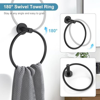 TQKAG Matte Black Bathroom Hardware Accessories Set 10-Pieces, Premium SUS304 Stainless Steel Bathroom Towel Bar Holder Set 23.6 Inch Round Towel Racks for Bathroom Wall Mounted