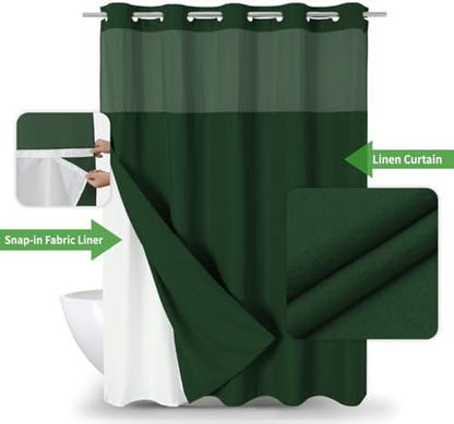 eachope No Hook Fabric Shower Curtain with Snap-in Liner,71x74Emerald Green