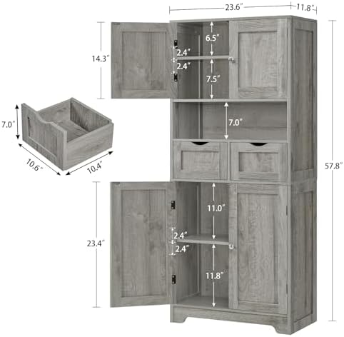 Iwell Tall Storage Cabinet with Adjustable Shelf, Bathroom Cabinet with 2 Drawers, Linen Cabinet for Living Room, Grey