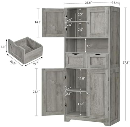 Iwell Tall Storage Cabinet with Adjustable Shelf, Bathroom Cabinet with 2 Drawers, Linen Cabinet for Living Room, Grey