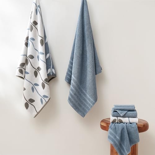 Modern Threads 6 Piece Bath Towel Set – Bathroom Set with 2 Bath Towels, 2 Hand Towels, and 2 Wash Cloths – 100% Cotton, Super Absorbent & Extra Soft – Reversible Natural Vine (Blue)