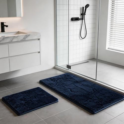 Non Slip Washable 2 Piece Extra Absorbent Shaggy Chenille Bathroom Rugs and Mats Sets, Soft & Dry Bath Rug/Mat Sets for Bathroom Washable Carpets Set Navy Blue Blue