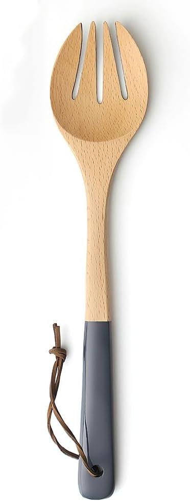 AOOSY Wooden Salad Fork Spoon, 12 Inch 2-in-1 Beechwood Cooking Fork with 4.3 Inch Heat Resistant Rubber Grip Handle for Nonstick Cookware, Mixing Tossing Serving Salad Pasta and Fruits, Hanging Rope