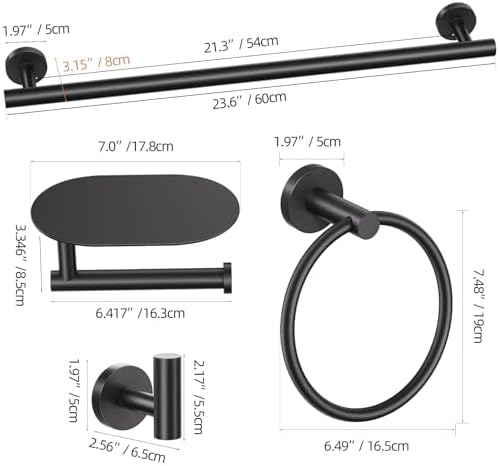 TURS Matte Black 5 Piece Bathroom Hardware Set, SUS304 Stainless Steel Bath Towel Bar Set, Bathroom Towel Rack Set Wall Mounted