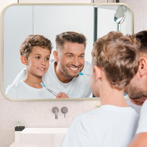 Gold Mirror, 30x36 Inch Framed Rectangle Mirror with Rounded Corner, Brushed Brass Mirror, Gold Bathroom Mirror for Over Sink, Vanity, Living Room, Bedroom, Horizontal/Vertical