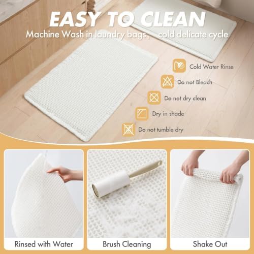 MIULEE Set of 2 Waffle Bathroom Rugs Boho Bath Mat White 17"x24"+20"x47"