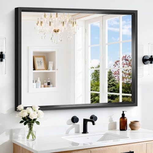 Bathroom Mirror, 36 x 30 inch Brushed Black Rectangle Mirror, 0.6" Thickened Deep Metal Frame Rectangular Vanity Mirror for Over Sinks, Tempered Glass, Antirust, Horizontally or Vertically