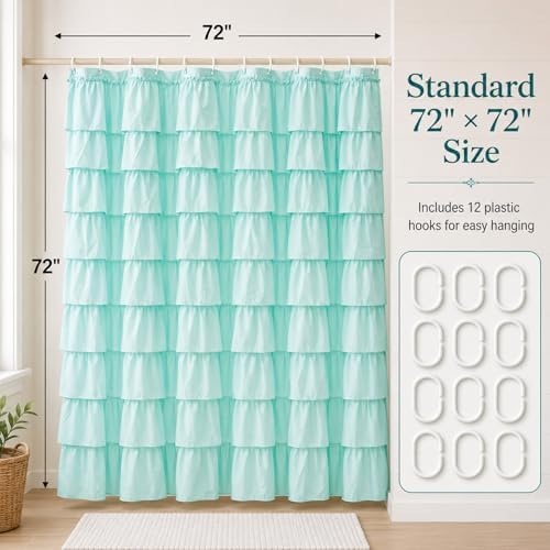 Teal Ruffle Shower Curtain for Bathroom, 72 x 72 Inch, 1 Panel