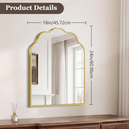 Gold Arched Mirror, 18×24Inch Scalloped Bathroom Mirror, Wavy Wall Mounted Vanity Mirror with Aluminum Alloy Frame for Livingroom Bedroom and Entryway, Tempered Glass