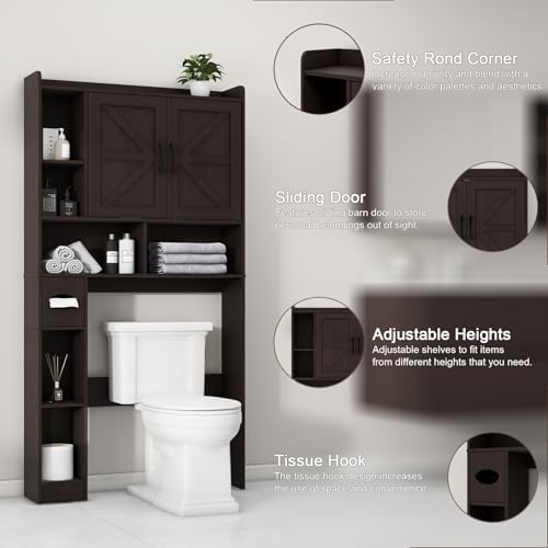 Vabches Over The Toilet Storage Cabinet with 2 Barn Doors, Espresso