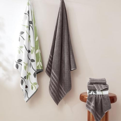 Modern Threads 6 Piece Bath Towel Set – Bathroom Set with 2 Bath Towels, 2 Hand Towels, and 2 Wash Cloths – 100% Cotton, Super Absorbent & Extra Soft – Reversible Natural Vine (Gray)