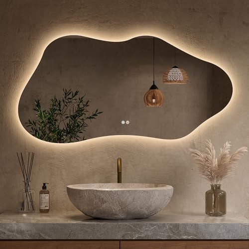 Keonjinn 48 x 24 Inch Asymmetrical Backlit Bathroom Mirror, Tempered Glass