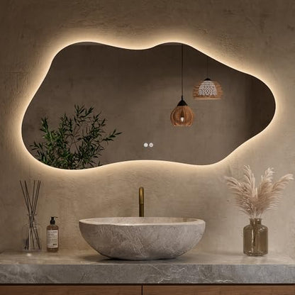 Keonjinn 48 x 24 Inch Asymmetrical Backlit Bathroom Mirror, Tempered Glass