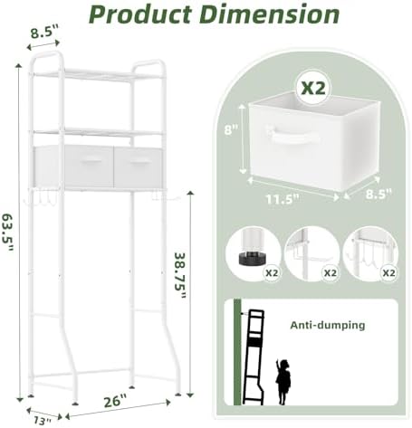 Simple Trending Over The Toilet Storage Rack with Drawers, Metal 3 Tier Bathroom Organizer Shelf with Paper Holder and 3 Hooks, White