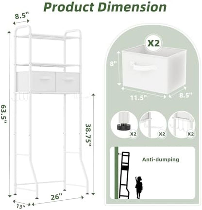 Simple Trending Over The Toilet Storage Rack with Drawers, Metal 3 Tier Bathroom Organizer Shelf with Paper Holder and 3 Hooks, White